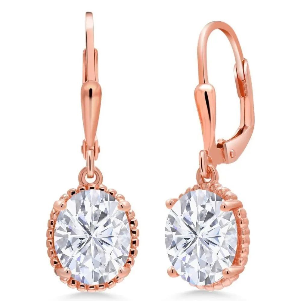 18K Rose Gold 925 with 4.20 Cttw White Moissanite Oval Leverback Hook Earrings